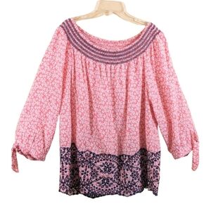 Fever Blouse Top Coral Pink Floral Smocked Boho Peasant Off The Shoulder